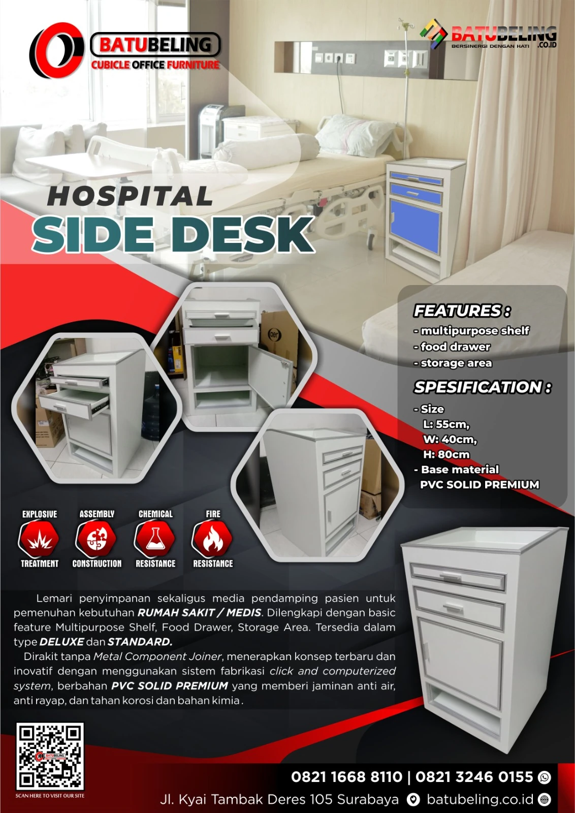 Hospital Side Desk PVC Solid Premium | Furnilab